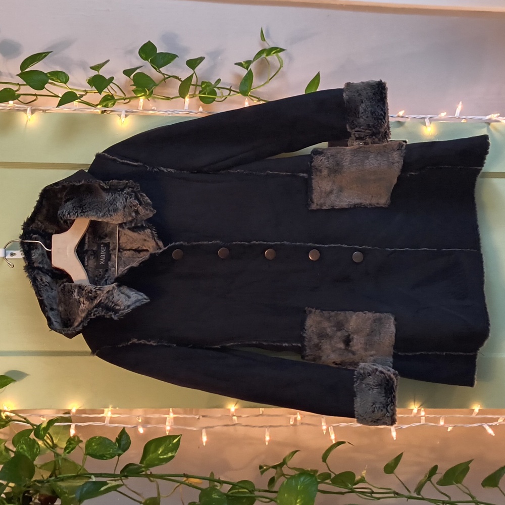 Women's Nadine Black Fitted Thigh Length Faux Fur Suede Hooded Coat S